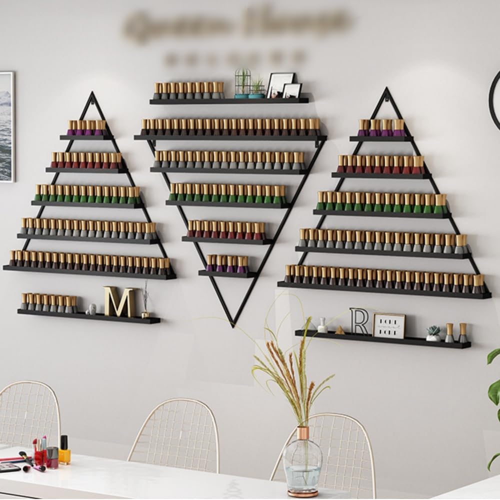 Elegant Gold Wall Mounted Nail Polish Rack - Set of 6 Triangular Cosmetic Display Shelves for Essential Oil Bottles, Organize Your Lipsticks and Perfumes in Style at Home or Salon (Black)
