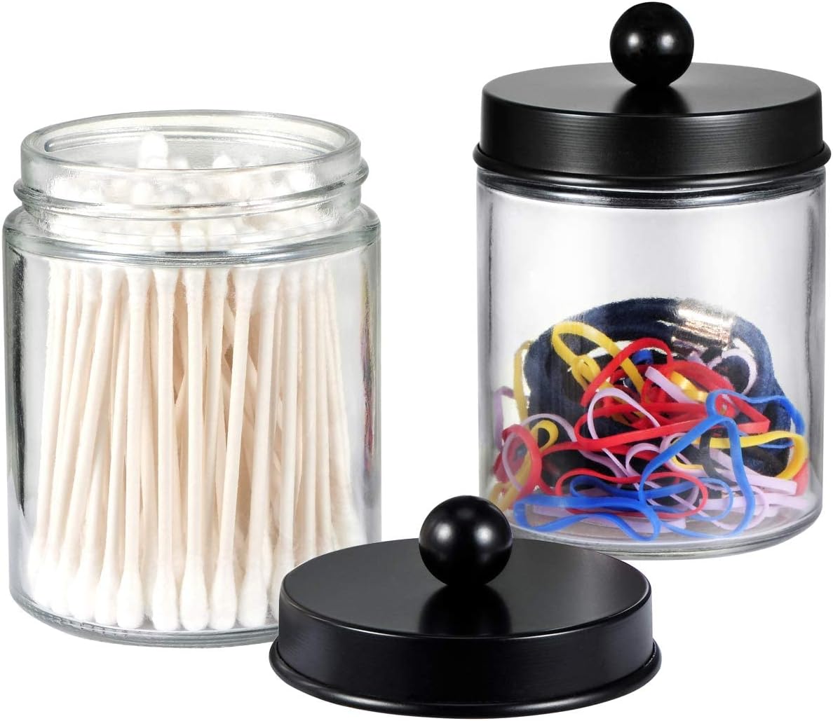 Amolliar 6Pc Apothecary Jars Bathroom Vanity Organizer- Rustic Farmhouse Decor Storage Canister with Stainless Steel Lids- Qtip Dispenser Holder for Q-Tips,Cotton Swabs,Rounds,Ball,Flossers (Black)