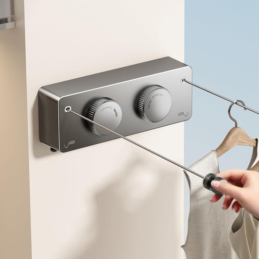 Retractable Clothesline Indoor, Non-Sagging Twin Clothes Line Retracting Outdoor Heavy Duty Clothes Drying Laundry Line Wall Mounted Stainless Steel Double Line-13.8 ft(Gray)