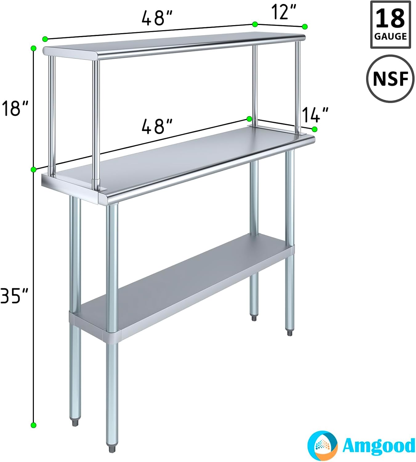 Stainless Steel Work Table with Wide Single Tier Overshelf | Metal Kitchen Prep Table & Shelving Combo (14" x 48" Work Table + 12" Overshelf)