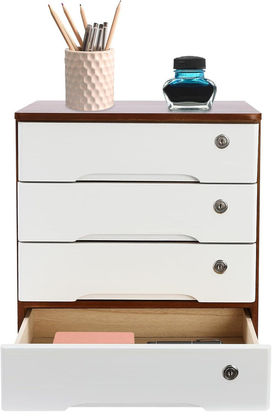 4-Tier Desktop Storage Box with Lockable Drawer, Wooden Desk Organizer for Office Supplies, Flat File Cabinet, Minimalist Design for Home & Office Use(Walnut+White)