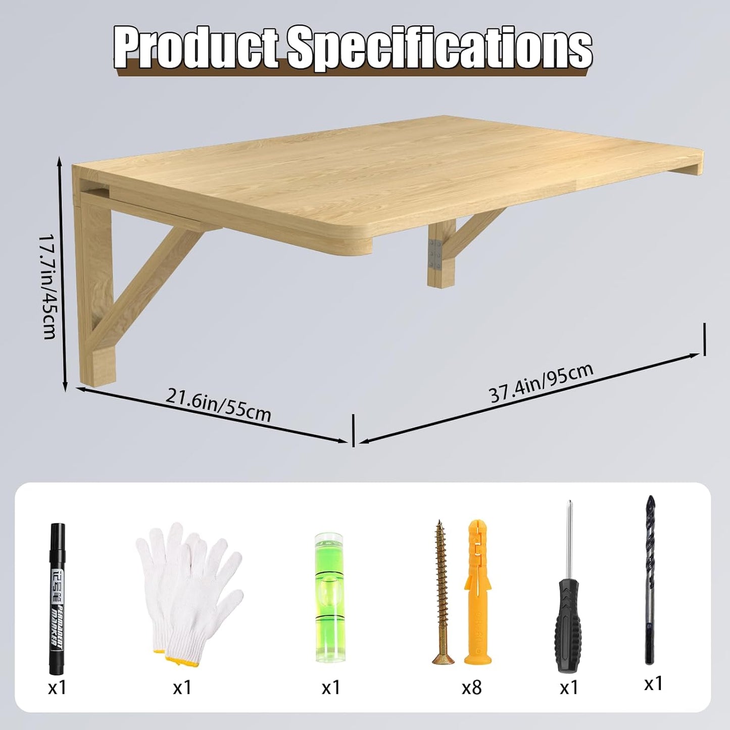MM MELISEN Wall Mounted Folding Table for Laundry Room, Wall Mounted Fold Down Desk for Small Saving Spaces, Kids Floating Desk for Dining, Room, Study, Kitchen, Dinner, Bar, 95X55CM/37.4"X21.6"-2