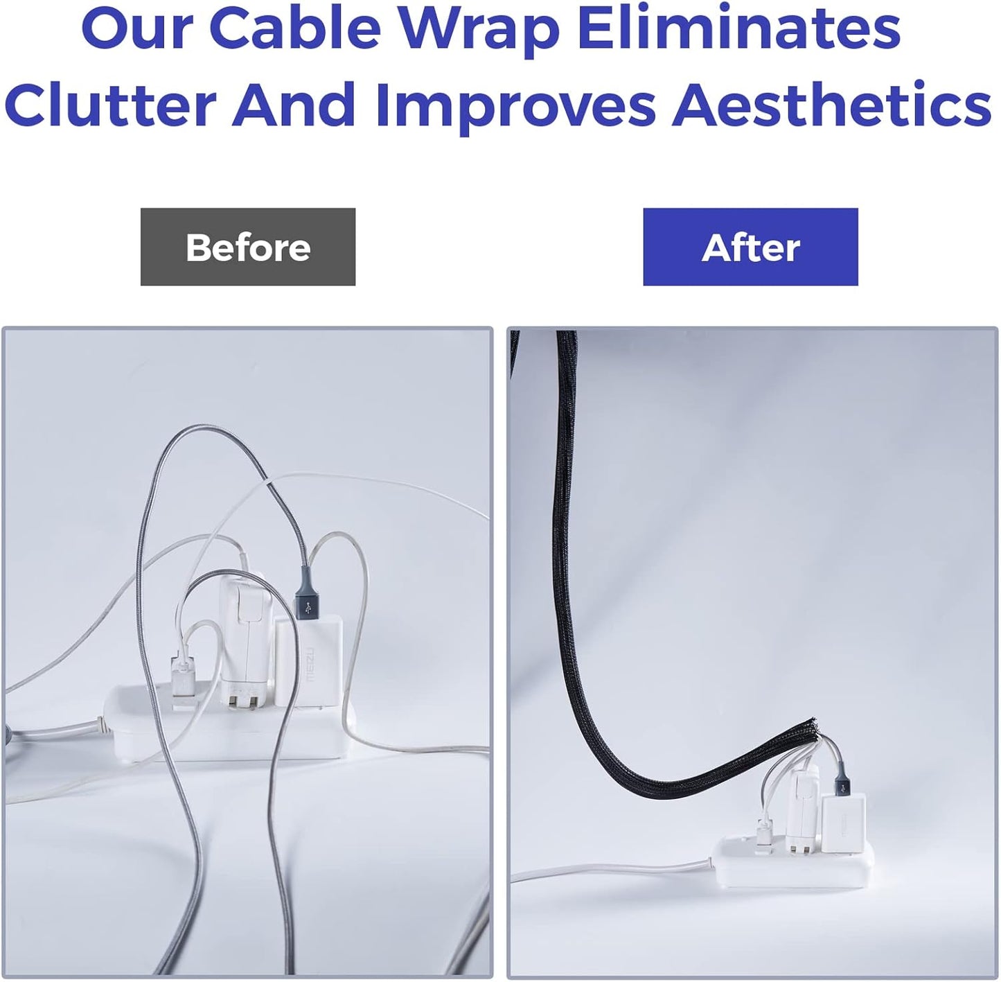 Cable Management Sleeves 1in - 2 Pack 6.6ft Split Braided Sleeve Black, Protectors From Pets, Wire Organizers, Flexible Wrap for Computer Cord Management