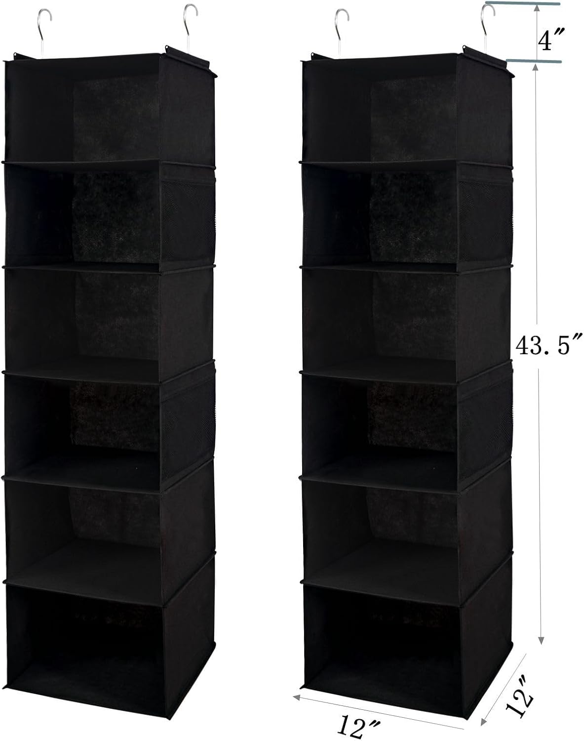 6 Shelves Hanging Closet Organizer, 2 Pack Hanging Storage with 4 Side Pockets for Clothes Shoes, 43.5"x12"x12"(Black)