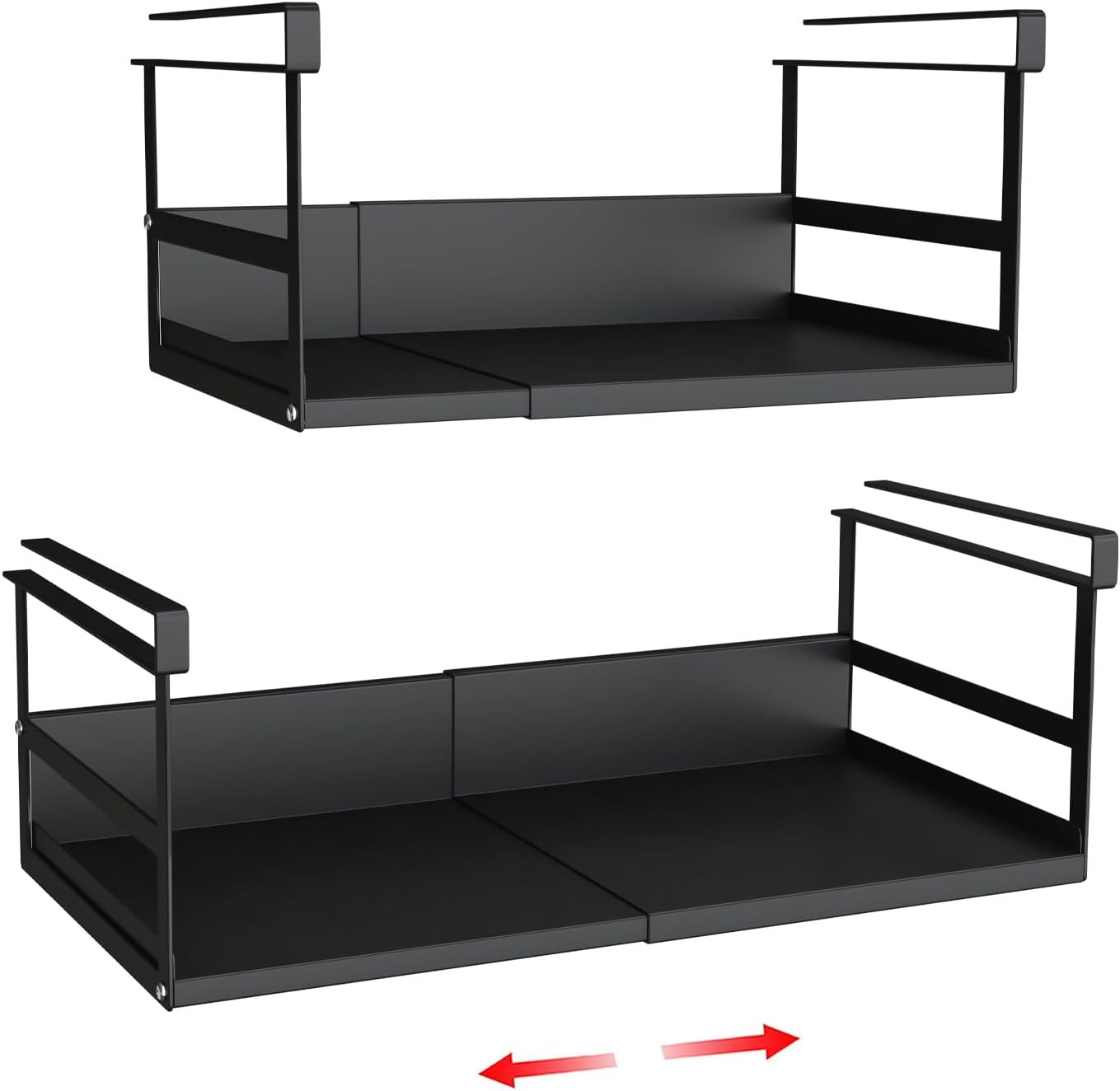 Expandable Under Cabinet Shelf Organizer with 0.94-Inch Thick Clips, Heavy Duty Extendable Under Shelf Storage Basket for Pantry or Laundry Room, Black, 2 Pack, Interior: 5.7" H x 8.54" D