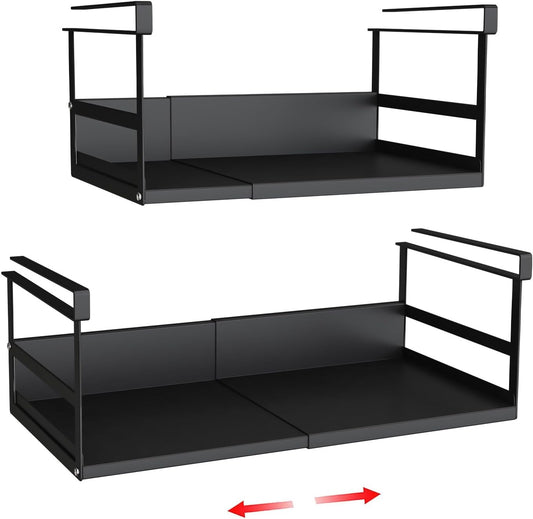 Expandable Under Cabinet Shelf Organizer with 0.94-Inch Thick Clips, Heavy Duty Extendable Under Shelf Storage Basket for Pantry or Laundry Room, Black, 2 Pack, Interior: 5.7" H x 8.54" D