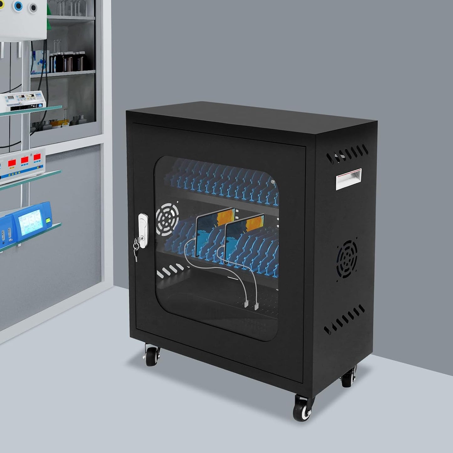 Mobile Phone Charging Cabinet 40-Port Charge Station with 4 Universal Wheels (2 Brakes) & Visible Door 40 Device Charging Cart Mobile Charge Station for Cell Phones Less Than 8'' In Size(Black)