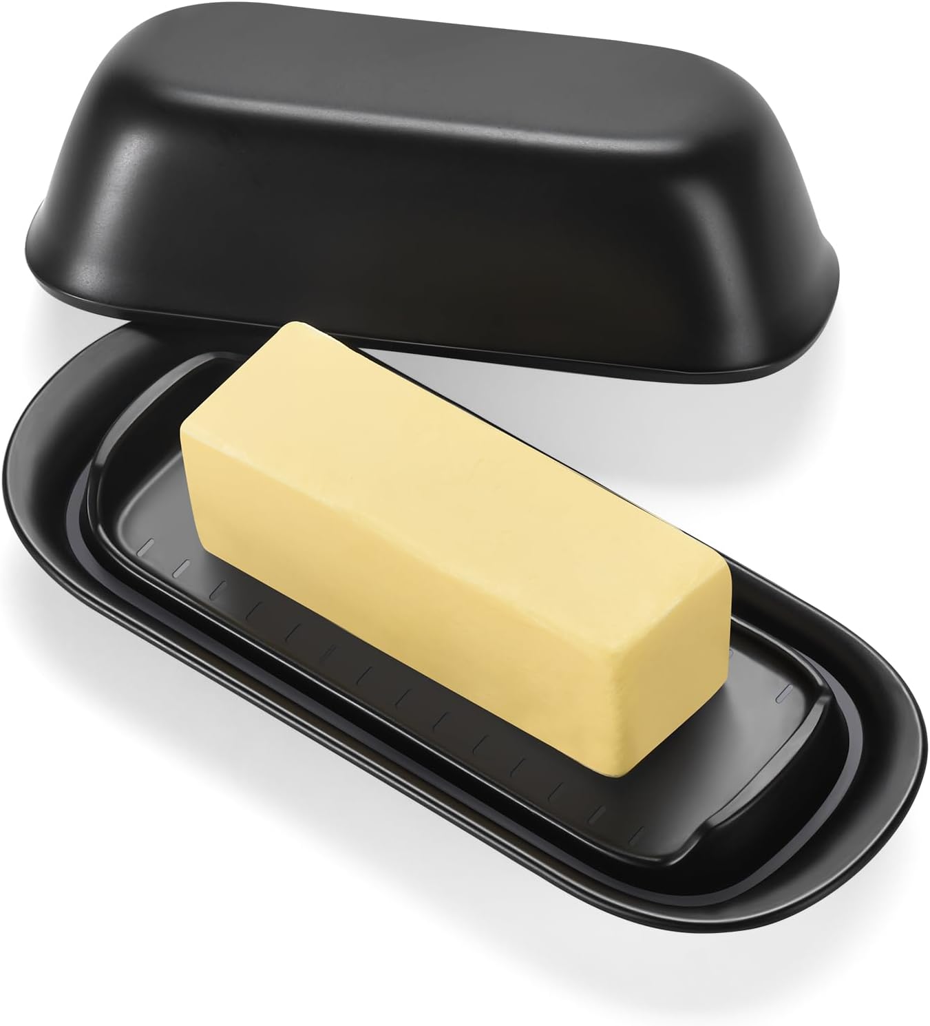 Butter Dish with Lid, Butter Keeper, Easy Scoop,Butter Container Holds for East/West Coast Butter, Dishwasher Safe (Black)