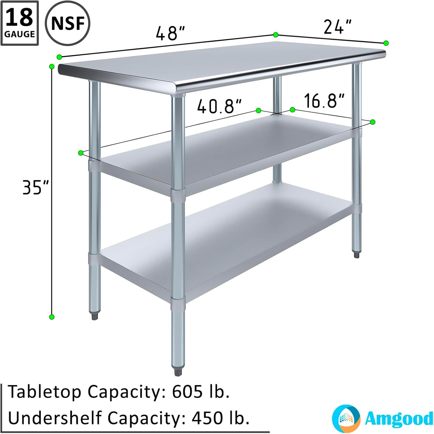 AmGood Stainless Steel Work Table with 2 Shelves | NSF | Metal Utility Table (48" Long x 24" Deep)