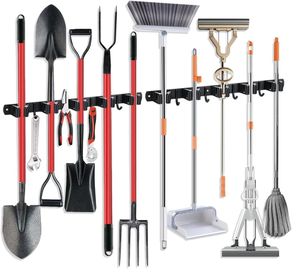2 Pack Broom Hanger and Mop Holder, Heavy Duty Garden Tool Organizer Rack Rake and Shovel Handle, Stainless Steel Wall Mounted Utility Rack with Screws (5 Racks with 4 Hooks, Matte Black).