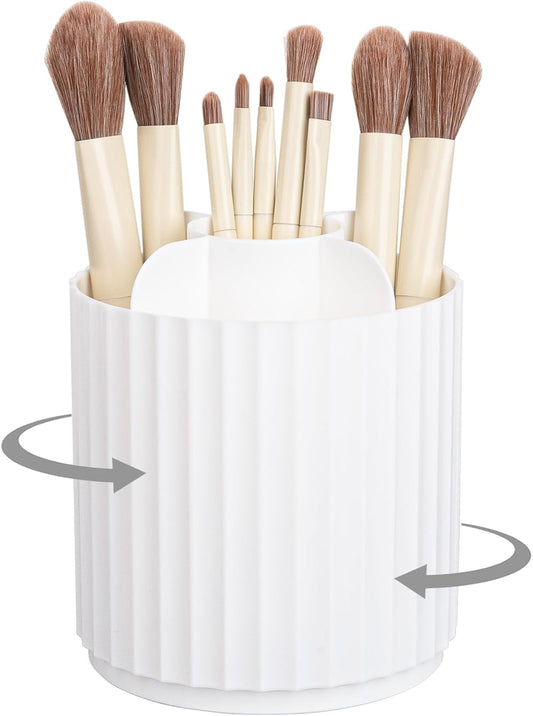Anyoifax Makeup Brush Holder Organizer 360°Rotating Make Up Brushes Container for Vanity, Spinning Cosmetics Storage Cup, Stripe White