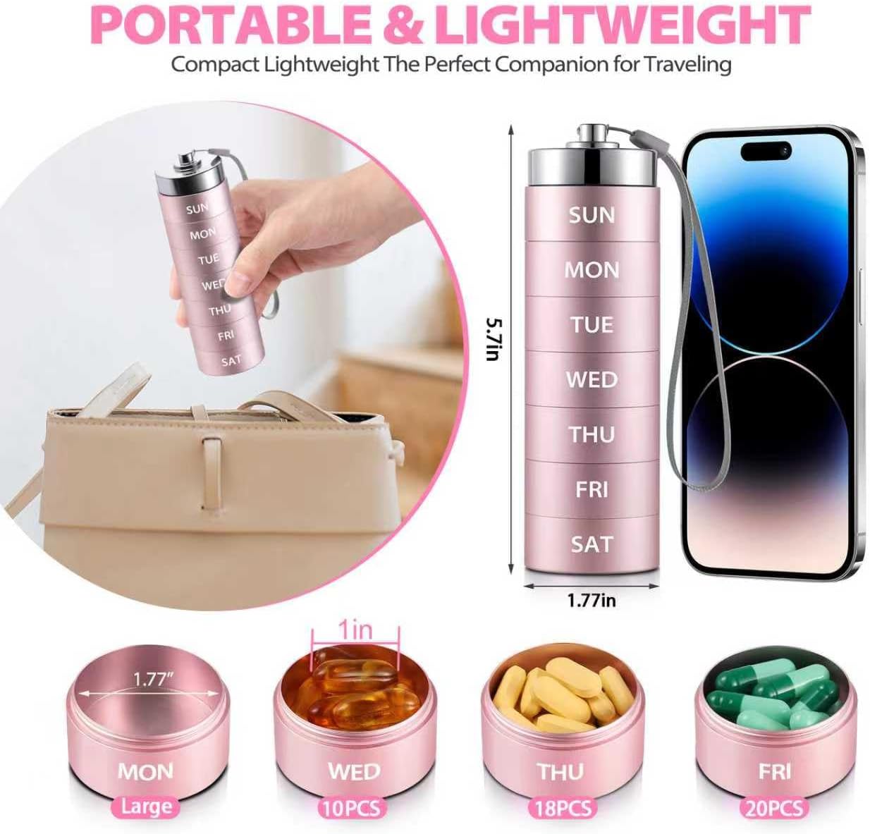 Metal Large Pill Organizer, Travel Weekly Pill Box, Portable Aluminum Alloy Waterproof Container, 7 Day Daily Medicine Organizer Holder for Vitamin, Fish Oil, Supplement Organizer, Pink