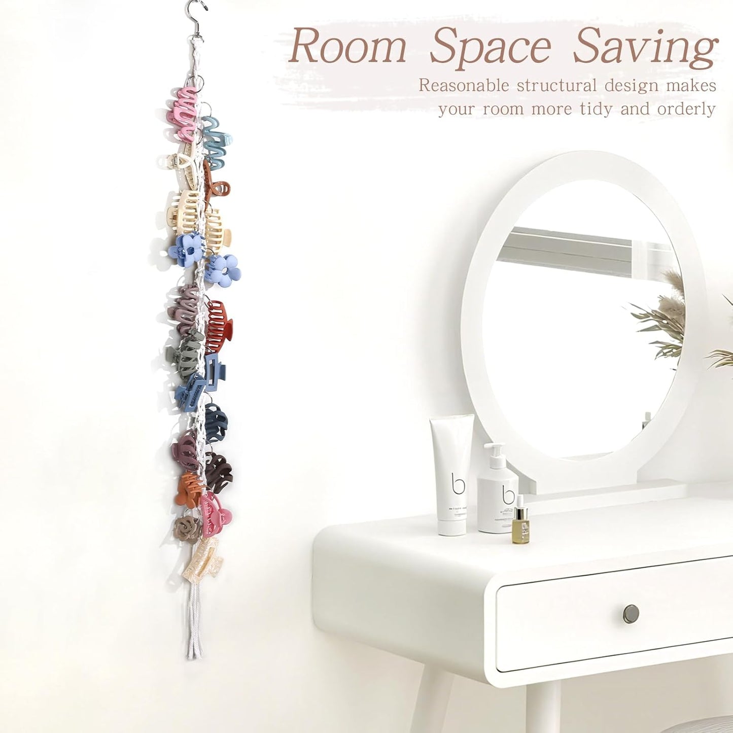 SNOWSTAR Macrame Hair Claw Clip Organizer with Rotating Hook and 20 Metal Rings,Hanging Hair Clip Holder and Storage for Women Girls,Claw Clips Hanger Home Decor for Wall,Door,Closet