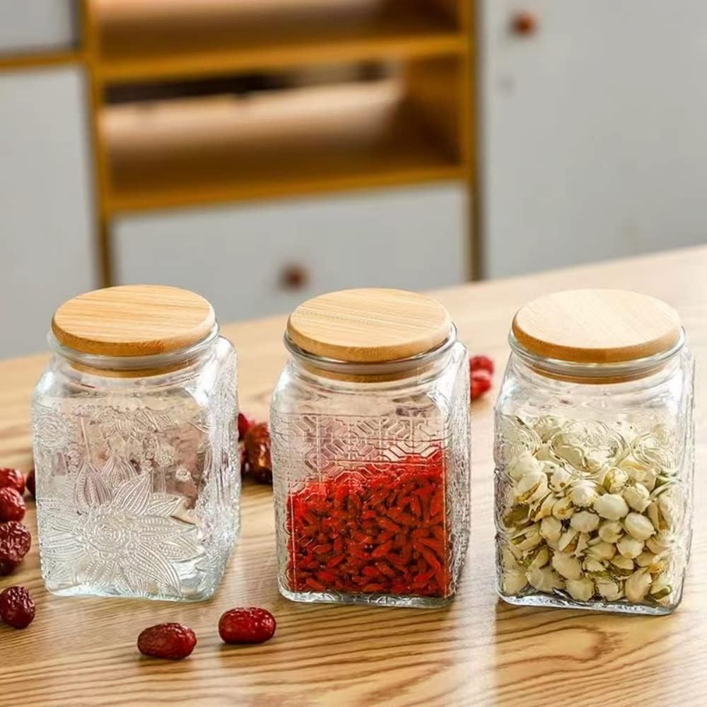 ANSQU Square Glass Jar, 25.3oz Vintage Glass Jar with Lid, Glass Food Storage Containers for Ground Coffee, Tea, Sugar, Candy, Decorative Glass Jar