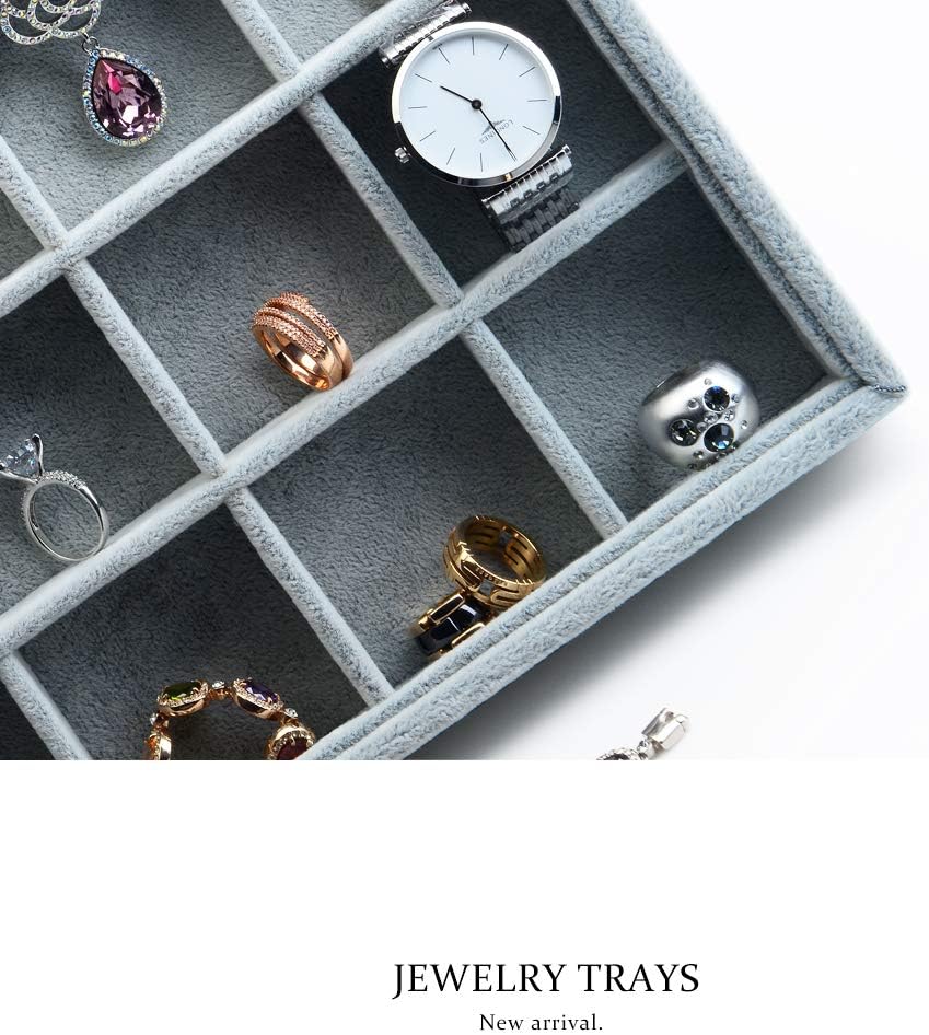 Oirlv 24 Grid Ice Velvet Jewelry Drawer Organizer Tray Stackable Jewelry Trays Removable Dividers for Rings Earring Storage Display