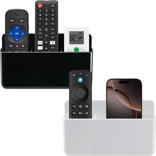 2Pcs Remote Control Holder Wall Mount, TV Remote Caddy Box Hollow Bottom Slot Easy Phone Charging, Self Adhesive Remote Holder,Wall Pen Holder Storage Accessories for Home Office School (White&Black)