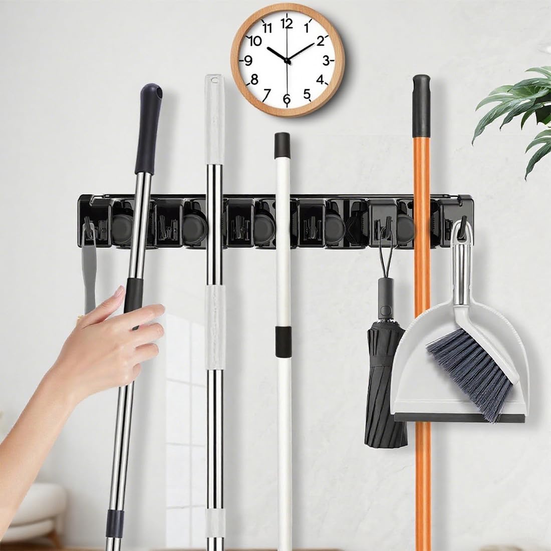 Broom Holder Wall Mount, 2 Packs Heavy Duty Cleaning Supplies Organizer, Garden Tool & Utility Closet with Hook, Mop & Broom Hook Wall Mounted for Bathroom, Garage, Kitchen, Laundry (Gray-2pcs)