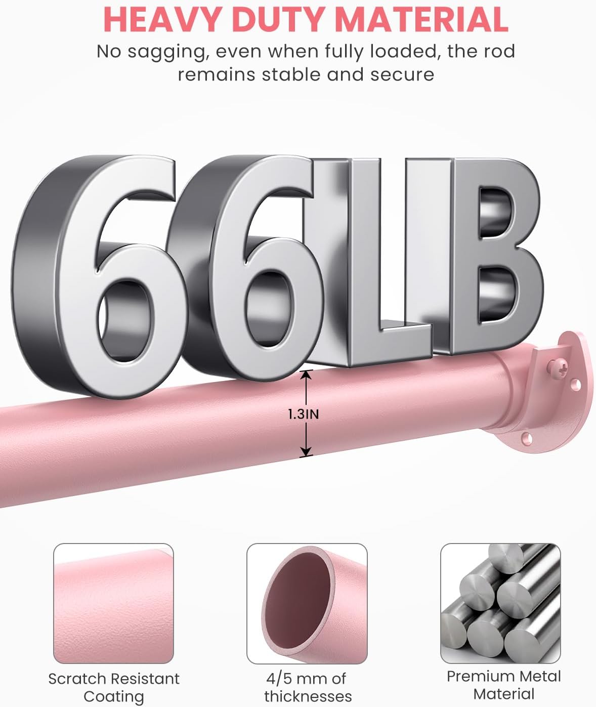 Closet Rods for Hanging Clothes, 17 to 69 Inches Stepless Adjustable Metal Closet Rod, 1.3 Inches Heavy Duty Clothes Hanging Rod for Closet Wardrobes Laundry RV, Pink