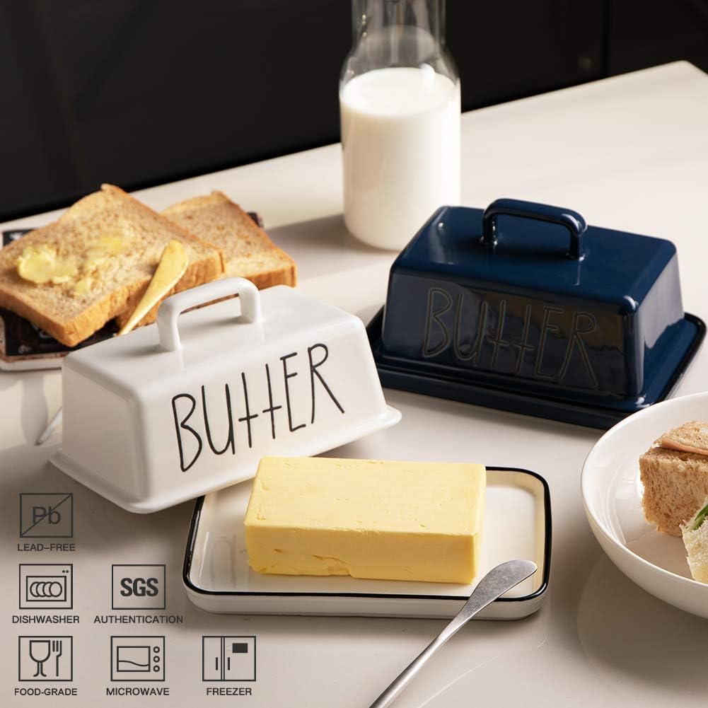 Sweejar Ceramic Butter Dish with Handle Lid, 7.3 Inch Porcelain Large Butter Keeper with Cover, Perfect for East/West Butter (White)