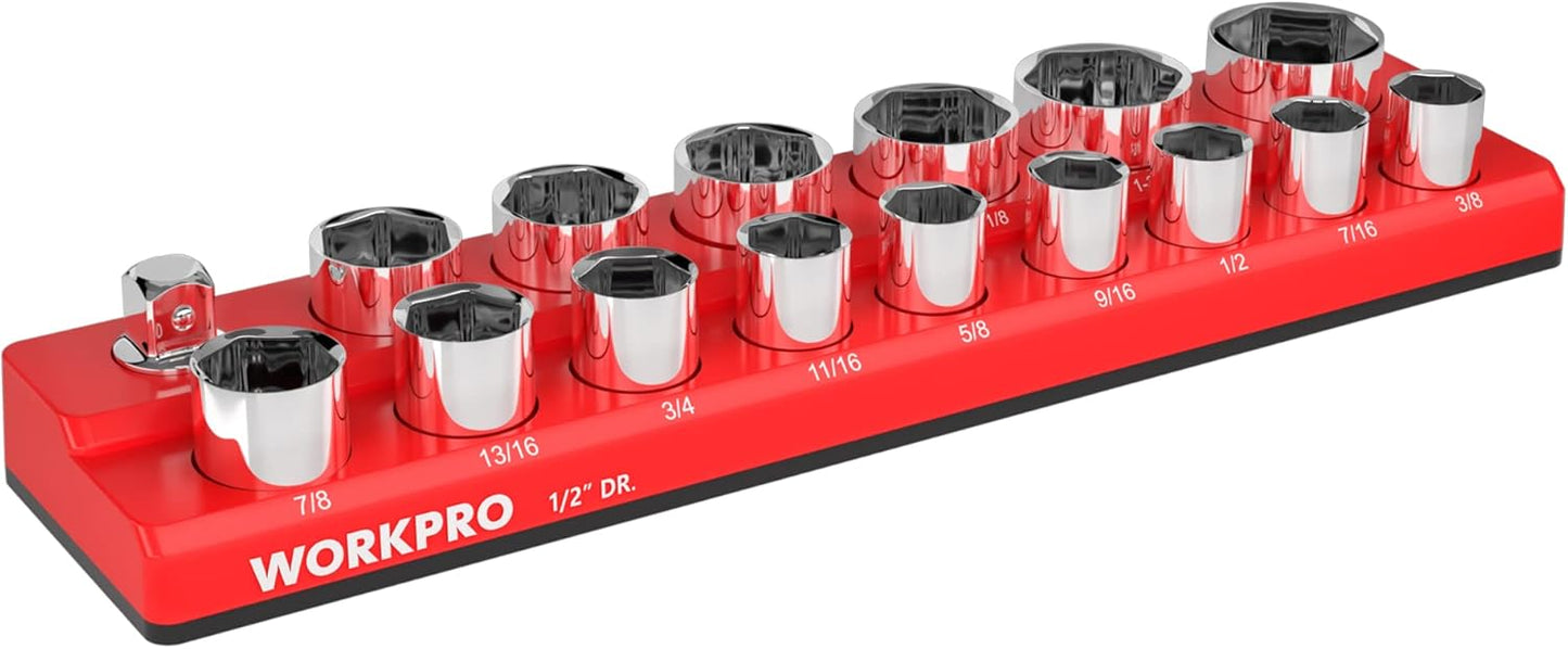 WORKPRO Magnetic Socket Organizer, 1/2-Inch SAE Sockets Holder, Socket Trays Holds 16 Pieces Standard Size and Deep Size Sockets(Socket not Included)
