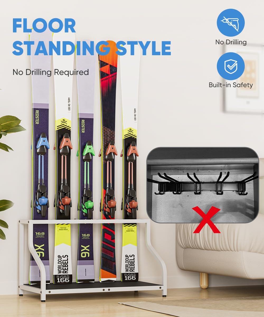 Ski Storage Rack for Garage — Freestanding Ski Holder for 5 Pair Skis, Helmet, Goggles, gloves, Indoor Snowboard Rack Organizer Stand for Home, Shed, Basement, White