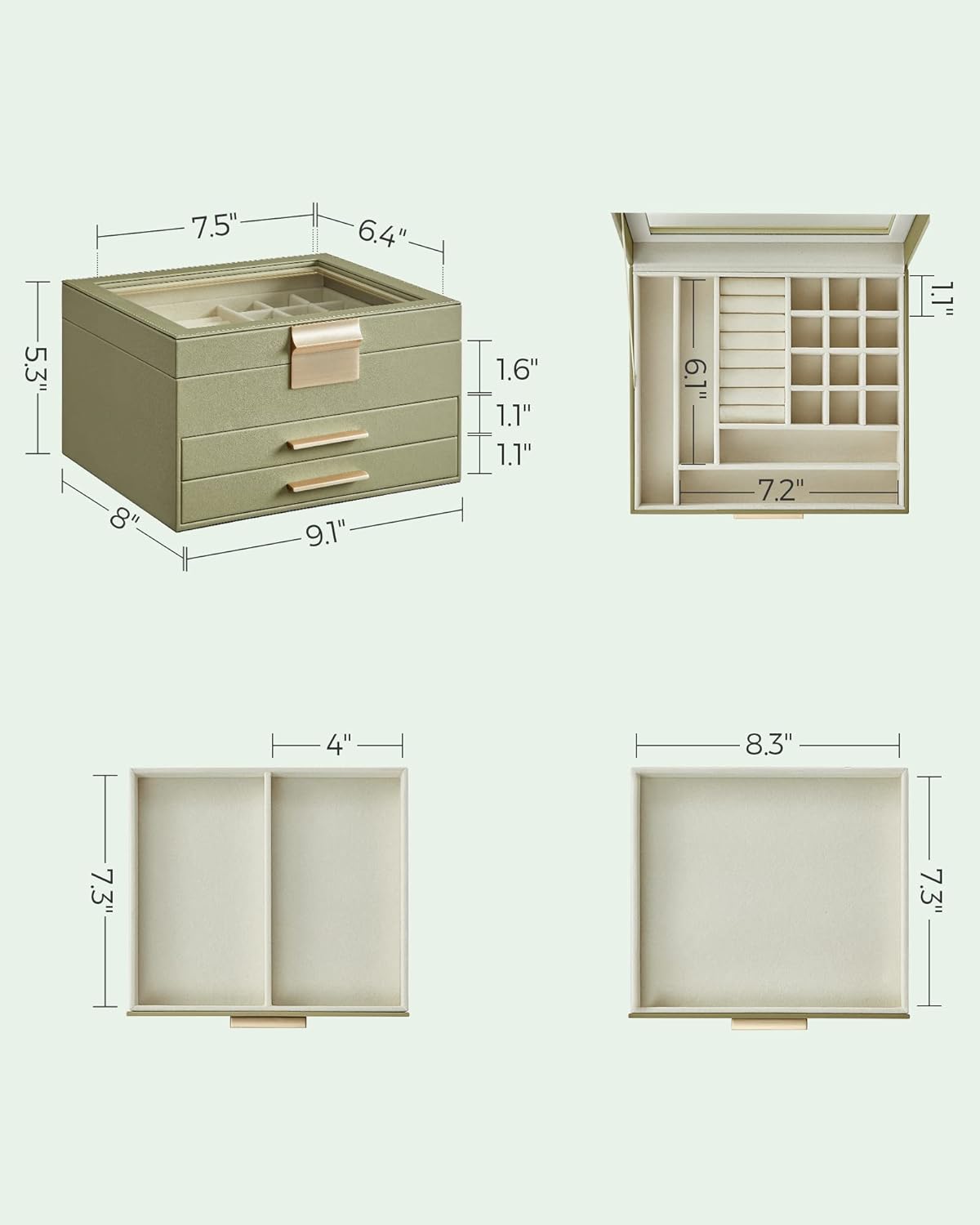SONGMICS Jewelry Box Organizer with Glass Lid, 3-Layer Jewelry Storage, with 2 Drawers, Modern Style, Christmas Gift, 8 x 9.1 x 5.3 Inches, Avocado Green and Gold Color UJBC239C02