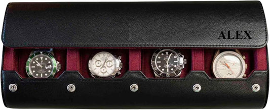 DailyWatch | Personalized Watch Roll Travel Case For 4 Watches - Handmade Genuine Leather Travel Case With Custom Engraving of Name or Initials - Black Cherry