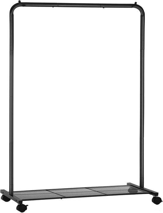 SONGMICS Clothes Rack with Wheels, Clothing Rack for Hanging Clothes, 25.4 mm Metal Garment Rack with Dense Mesh Storage Shelf, 110 lb Load Capacity, 2 Brakes, Black UHSR25BK
