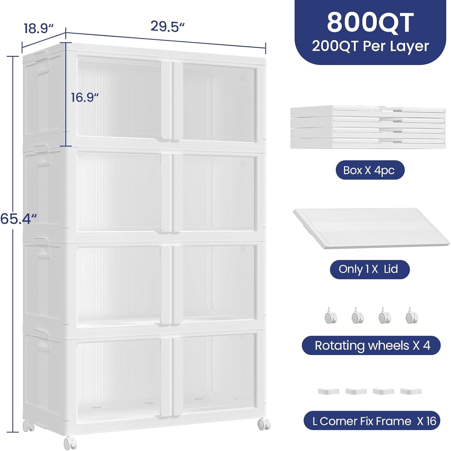 800Qt Stackable Storage Bins with Lid and Wheels, 200Gal Plastic Closet Organizer and Storage Drawer, Large Collapsible Storage Box Cabinet with Clear Door for Home Kitchen Office, 4Pack White