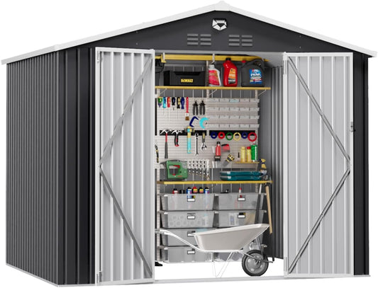 10x8 FT Outdoor Storage Shed, Metal Garden Shed - Tool Storage Sheds with Lockable Doors, Waterproof Outside Storage Building for Backyard, Patio (Black; Floor Not Included)