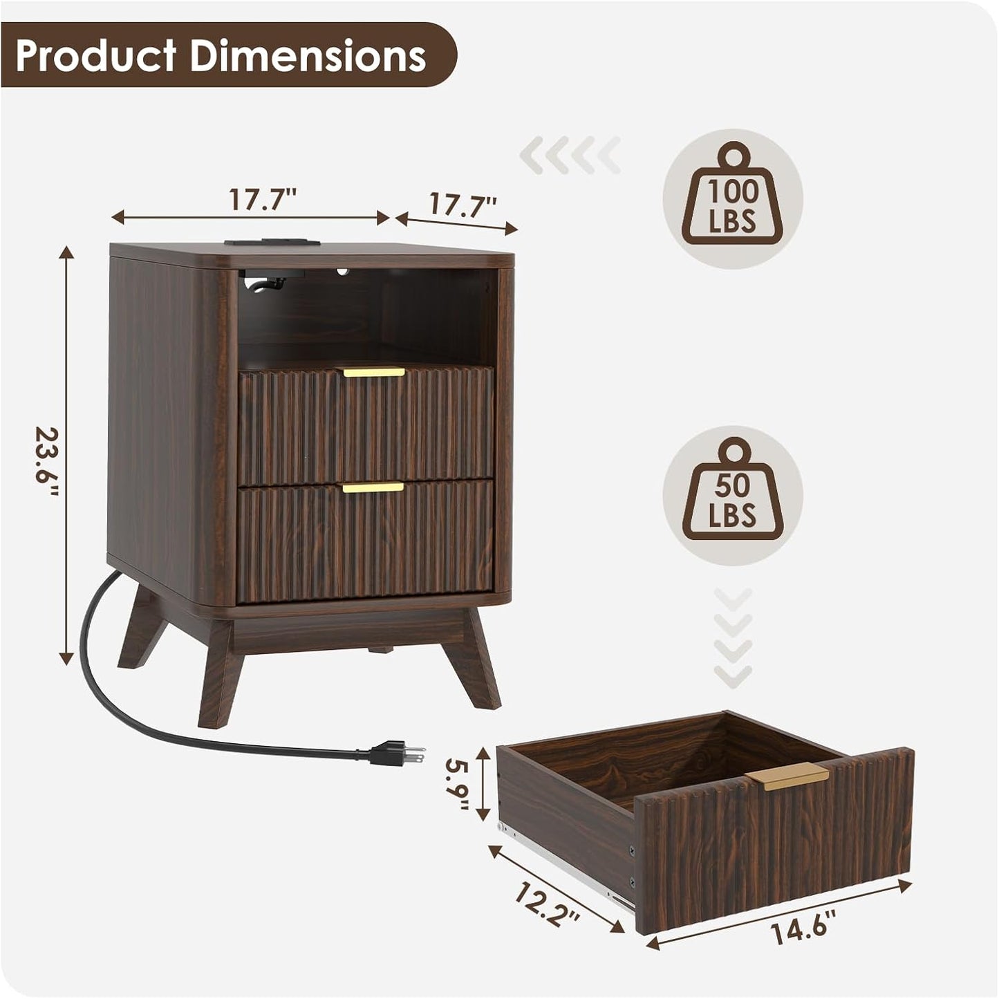 Nightstand with Charging Station, Fluted Nightstand with LED Lights, Modern Rustic Side Table with 2 Storage Drawers, Wooden End Table for Bedroom, Walnut 2pcs