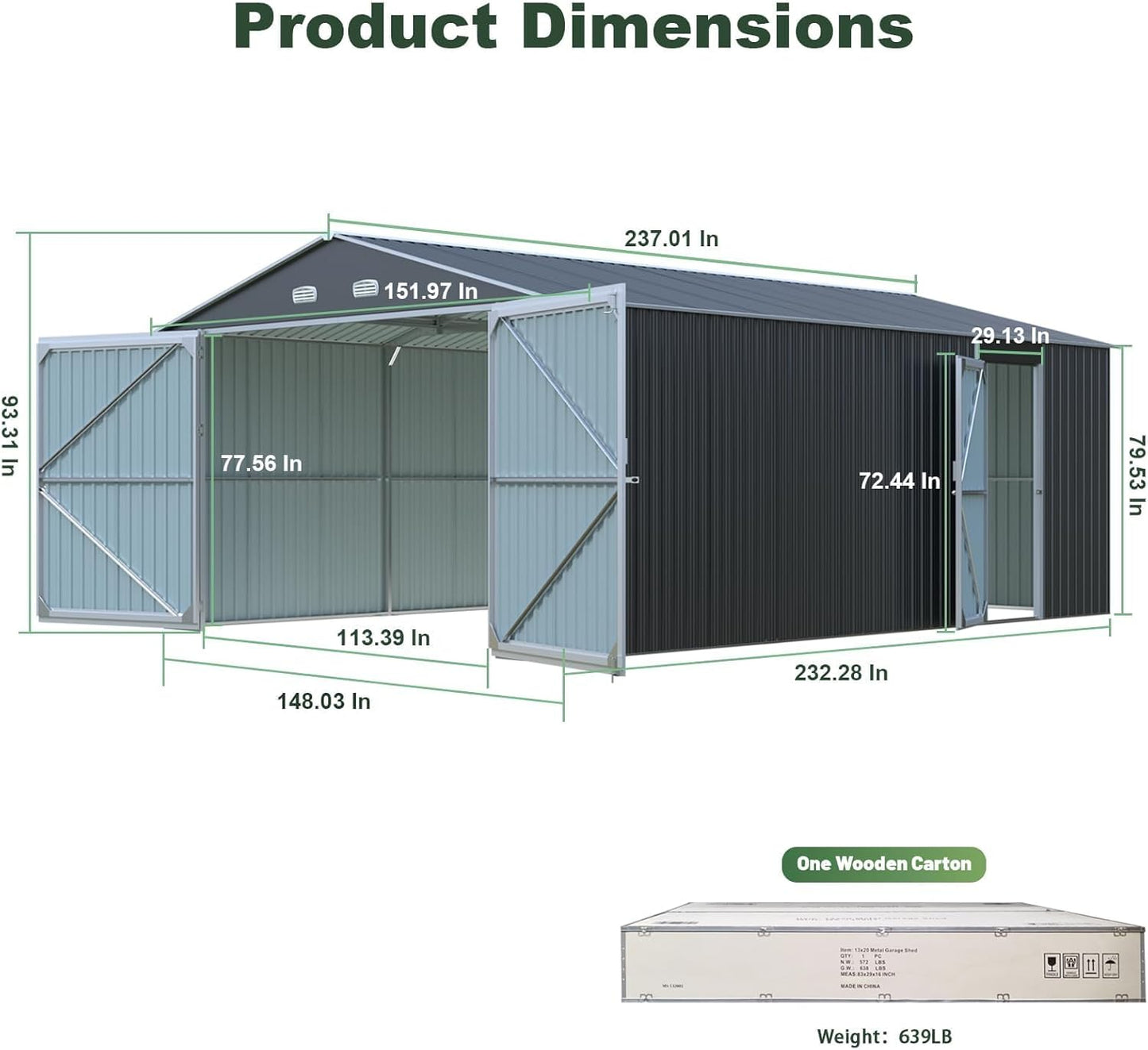 Outdoor Storage Shed 20x13 FT, Sheds & Outdoor Storage Clearance - Metal Garage Shed for Car, Truck, Bike, Garbage Can, Lawnmower - Backyard Tool House Building with 2 Doors and 4 Vents