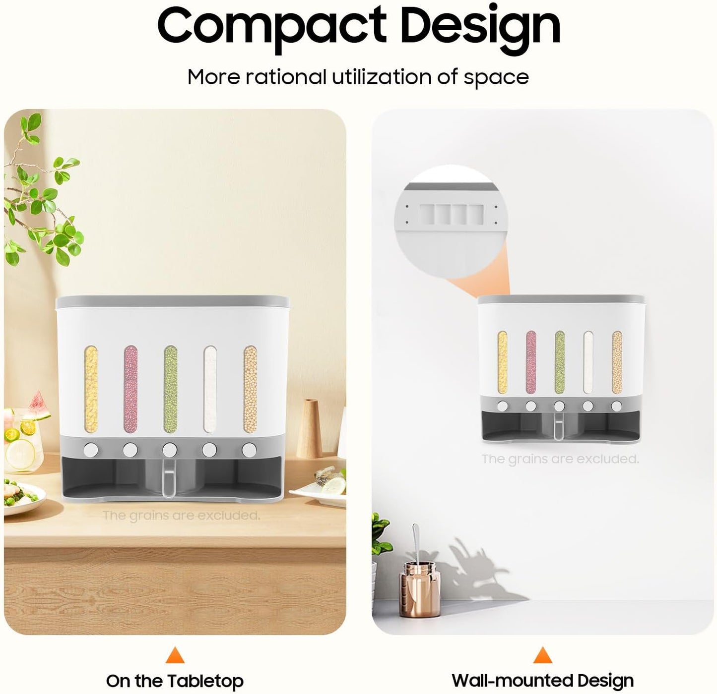 5 Grids Dry Food Dispenser, Wall mounted Rice Storage Dispenser Cereal Dispenser Countertop Kitchen Organization Container 38Lbs Sealed Storage Tank with Measuring Cup for Home Kitchen