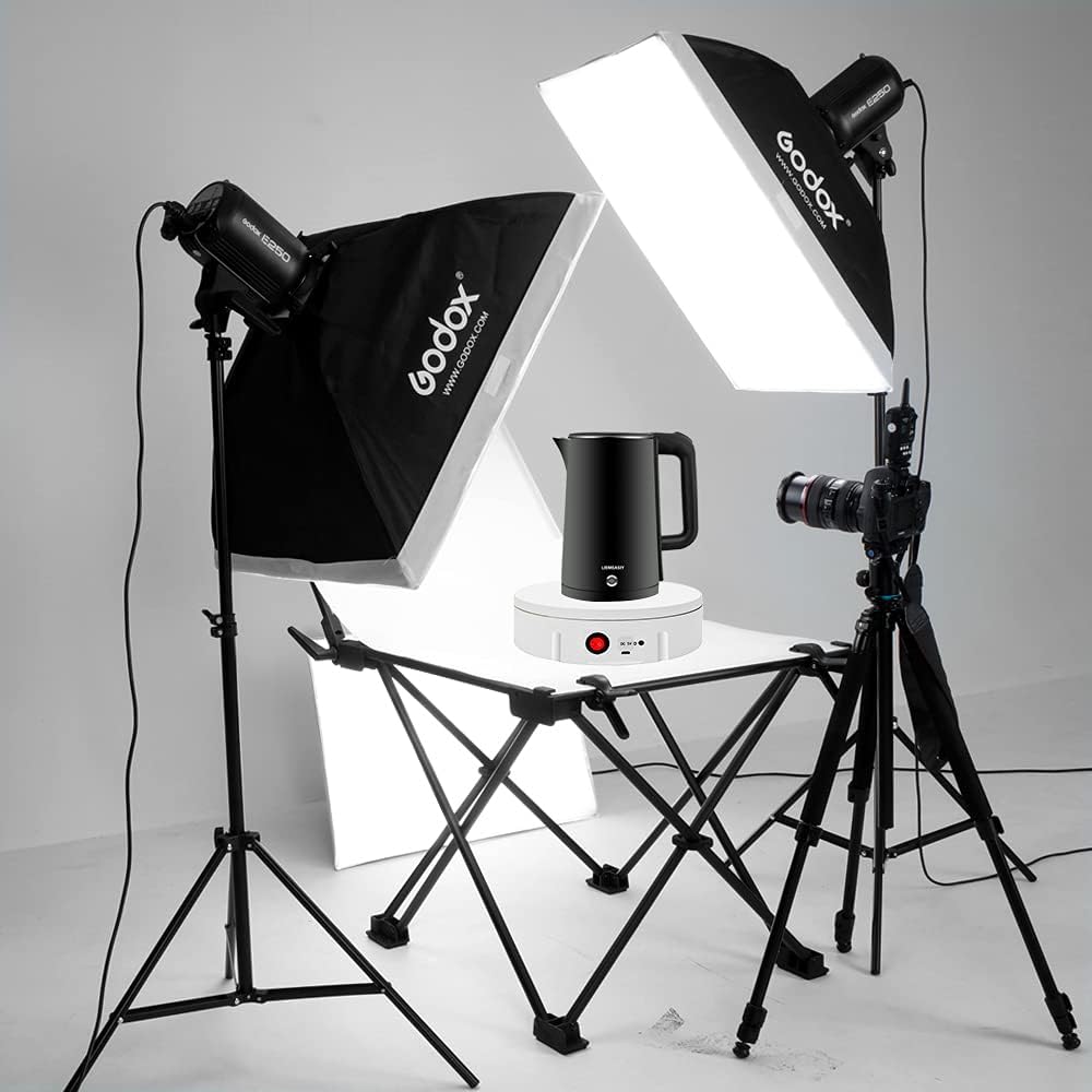 JAYEGT Motorized Rotating Display Stand,220 Lbs Load, 360 Degree Electric Rotating Turntable for Photography Products Display,Show,Remote Control Angle, Speed (White/8.66Inch / Rechargeable/Adapter)