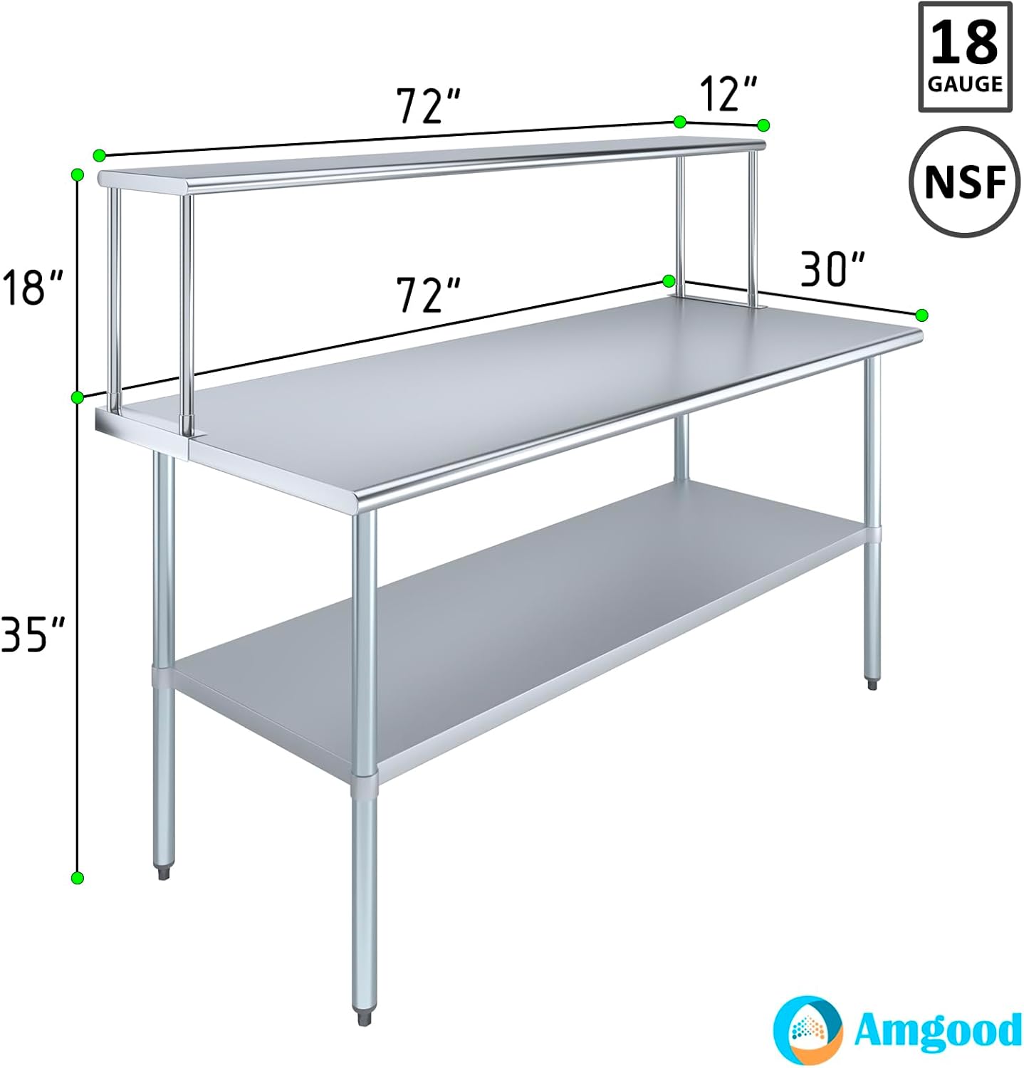 Stainless Steel Work Table with Wide Single Tier Overshelf | Metal Kitchen Prep Table & Shelving Combo (30" x 72" Work Table + 12" Overshelf)