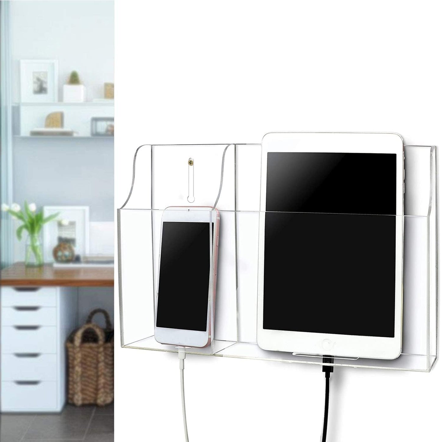 Clear Wall Tablet Holder Acrylic Wall Mounted Phone Holder for iPad, Remote Control Holder Laptop Stand for eReader Storage Caddy with Charging Holes for Kindle iPhone