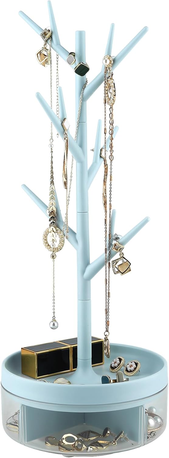 Branch Jewelry Rack With Rotatable Base and Storage Box Tree Tower Rack Hanging Organizer for Ring Earrings Necklace Bracelet,Suitable for living rooms, bathrooms,offices,etc.