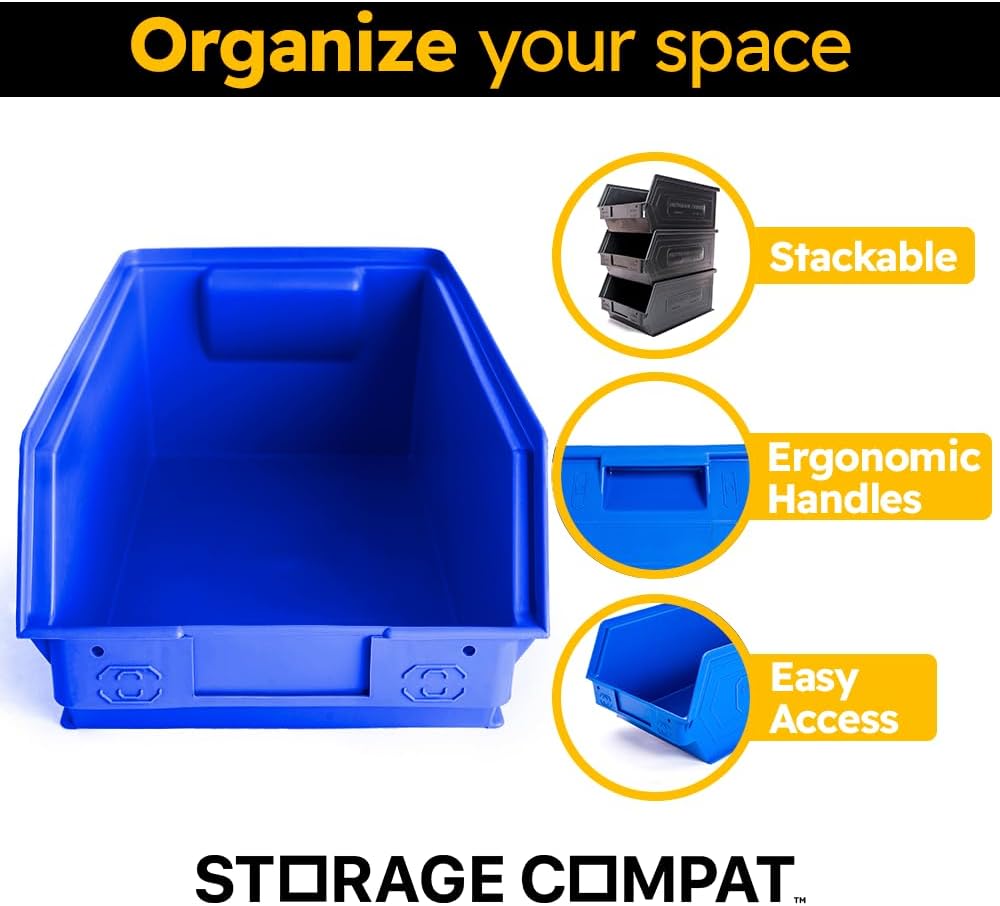 6-Pack Storage Bins, Wall Mount, Stackable & Freestanding, 12”x 8” x 6” Plastic Organizers, Utility Containers for Garage, Home, Workshop, Blue