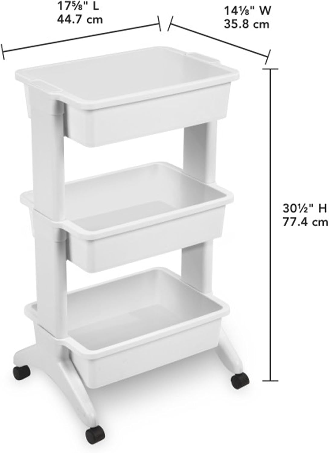 Sterilite 3 Tier Utility Cart Portable Storage Open Bin Organizer with 360 Degree Smooth Rolling Caster Wheels, Supports 10lb Per Tier, White, 12-Pack