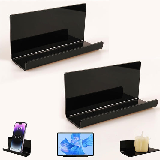 2pcs Adhesive Tablet Wall Mounted Phone Shelf Acrylic Stick On Shelves,Bedroom Wall Mount Floating Shelves for Tablet,eReader,Cell Phone Holder for Bathroom,Dorm Bedside Shelf(Black)