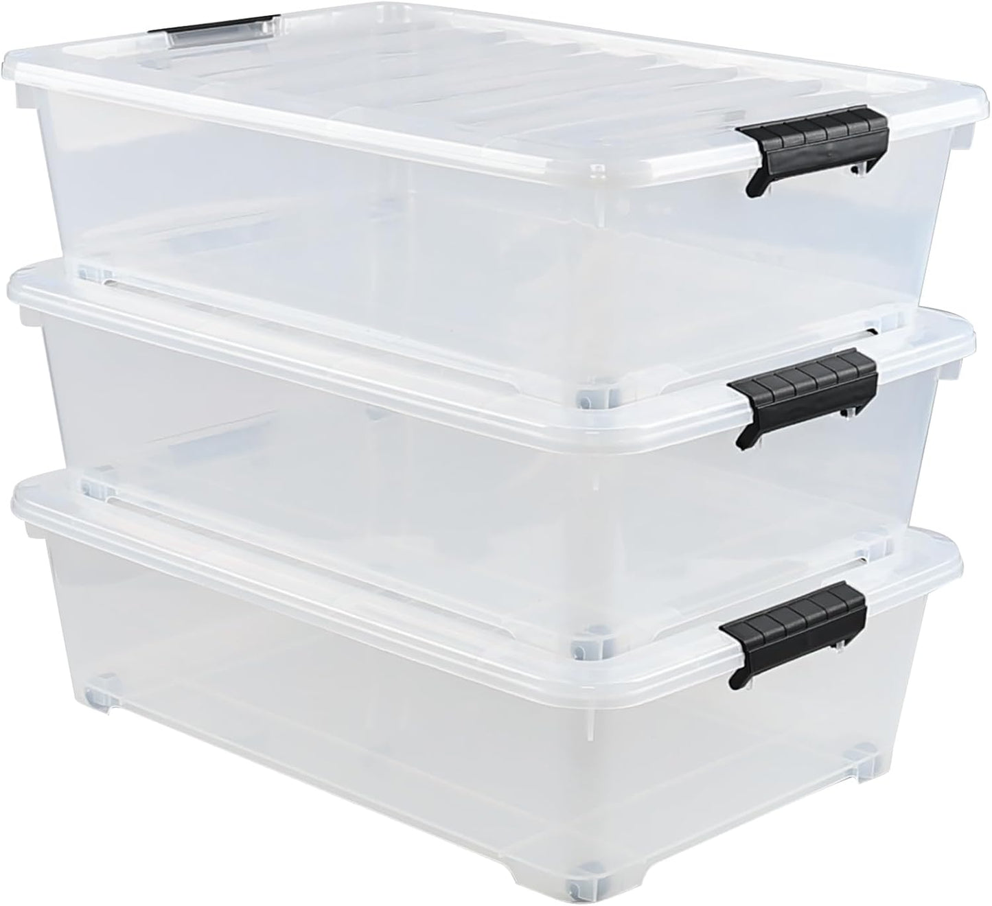 Gloreen 25 Quart Plastic Underbed Storage Container with Wheels, Clear Under Bed Storage Box Bins, 3-Pack
