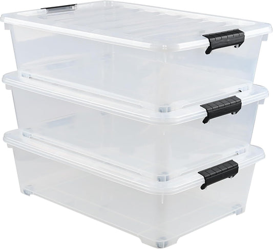 Gloreen 25 Quart Plastic Underbed Storage Container with Wheels, Clear Under Bed Storage Box Bins, 3-Pack