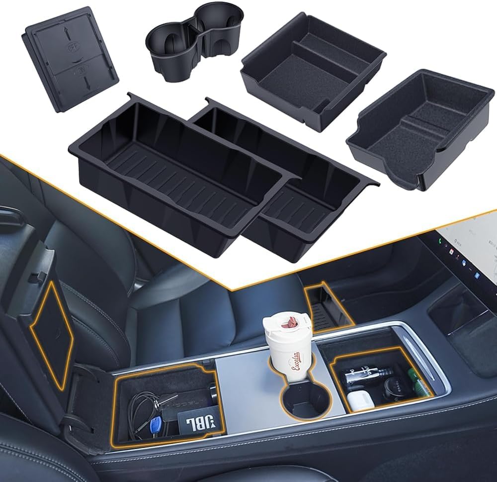 Center Console Organizer Tray for Tesla Model Y 2020-2024(Not Fit Model Y 2025 Juniper), 6PCS Interior Accessories with Armrest Storage Tray, Hidden Storage Box, Cup Holder Insert, Under Seat Box