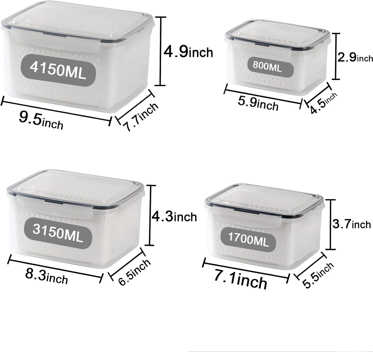 4 Pack Large Fridge Food Storage Container Set with Lids with Strainer, Fruit Vegetable Storage Containers Keep Fruits, Vegetables, Berry, Meat Fresh longer , BPA-Free Plastic Produce Keepers