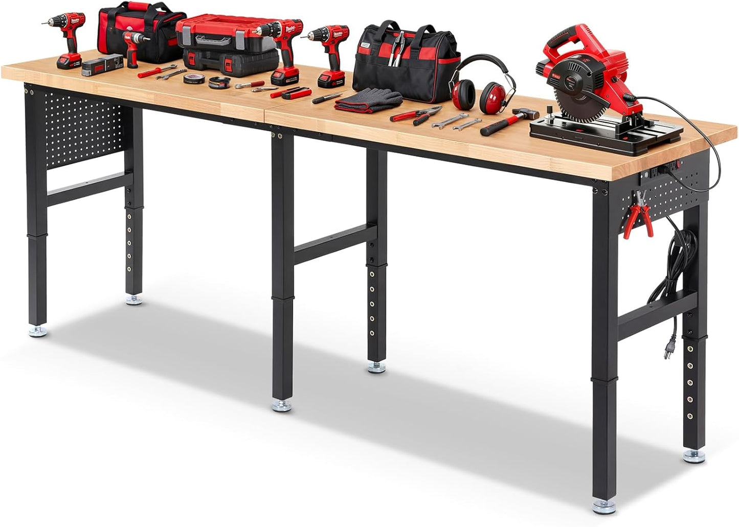 Workbench 96 x 24 Inch Adjustable Height Heavy Duty Work Table with Power Outlets & Extended Pegboard 5000 Lbs Load Capacity Rubber Wood Top Workstation for Garage, Workshop, Home, Office