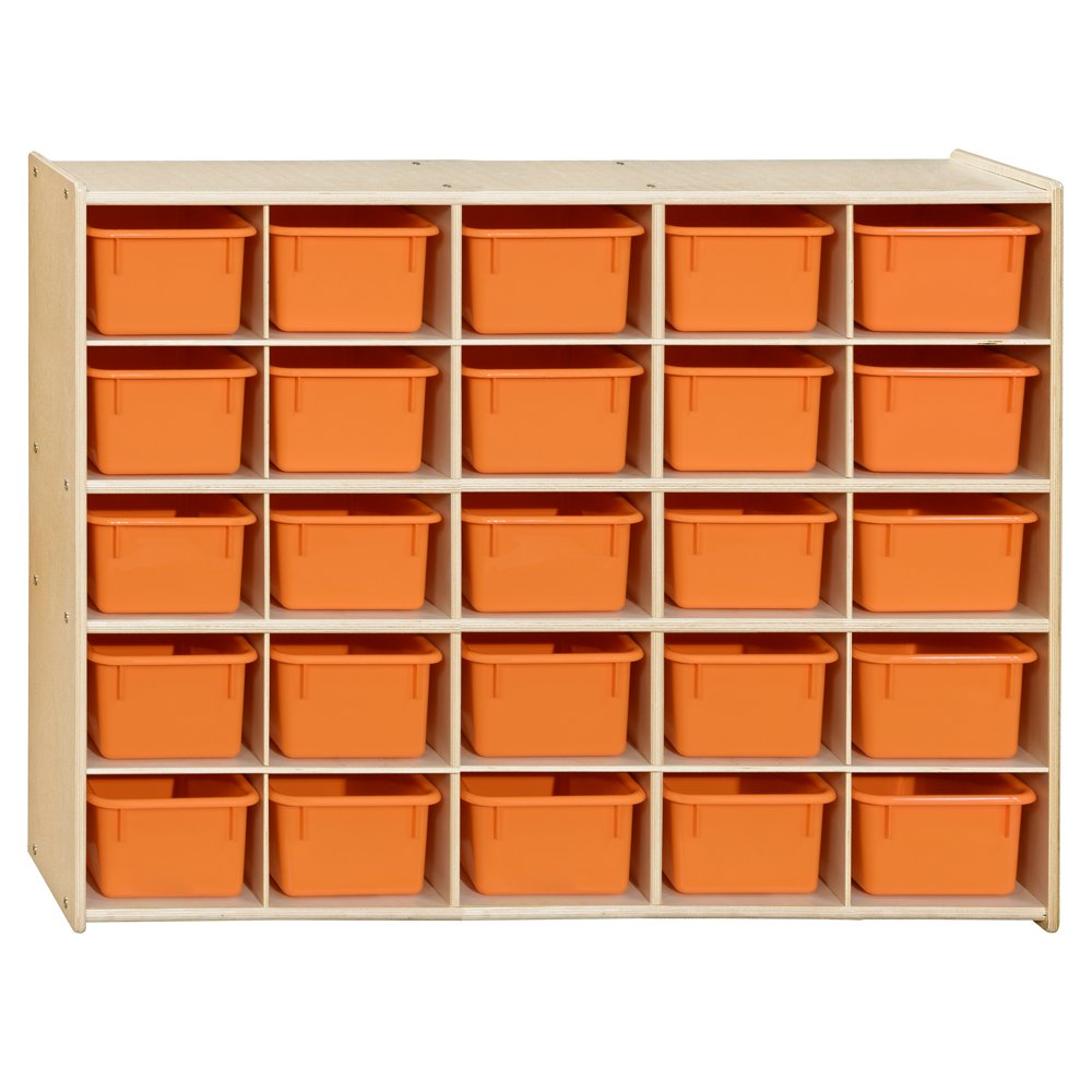 Contender 25 Cubby Storage Cabinet with Orange Trays, Kids Toys, Art and Craft Shelving Unit, Hardwood Shelf for Kindergarten, Homeschool [ Fully Assembled ]