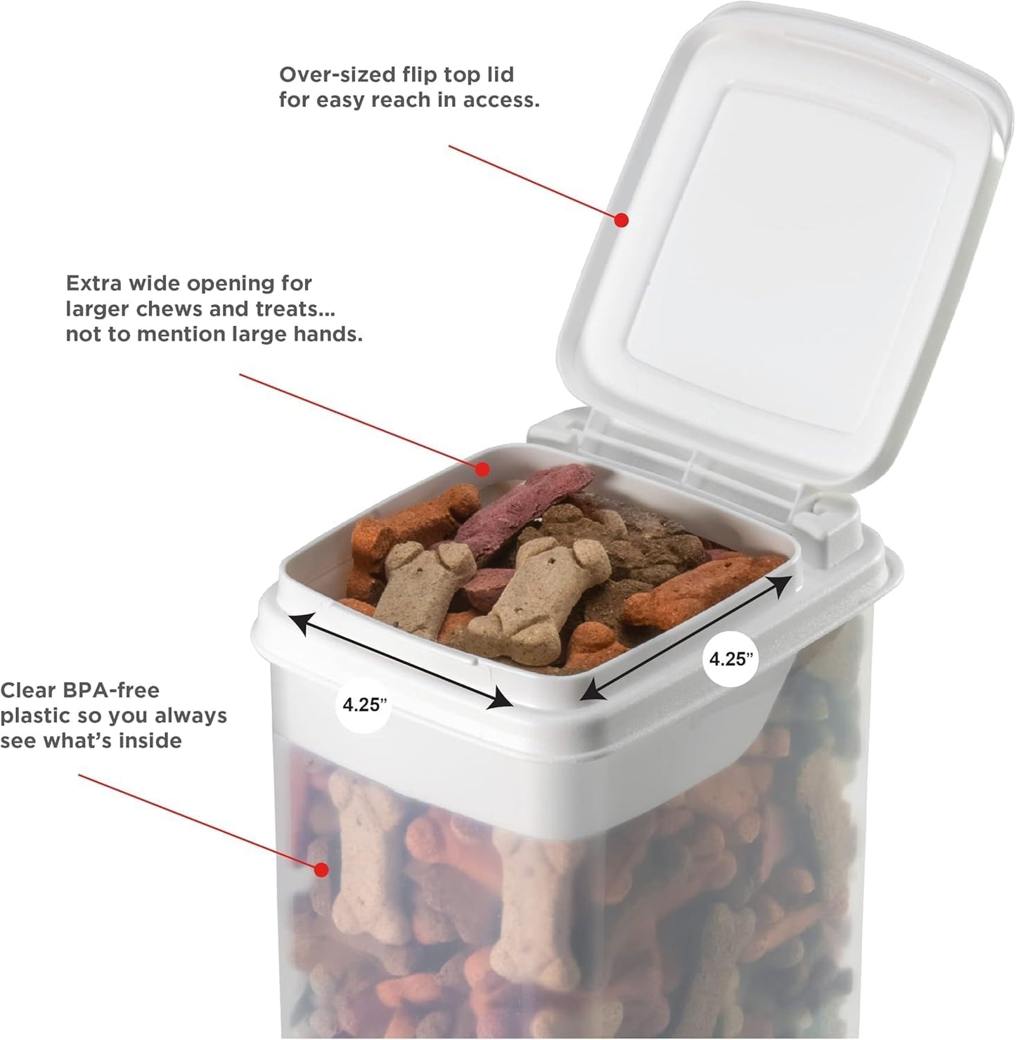 Buddeez Pet Treat Container for Dogs and Cats - 3.5 Quart Flip Top Storage Bin - Bites And Bones Design - Airtight Food Holder