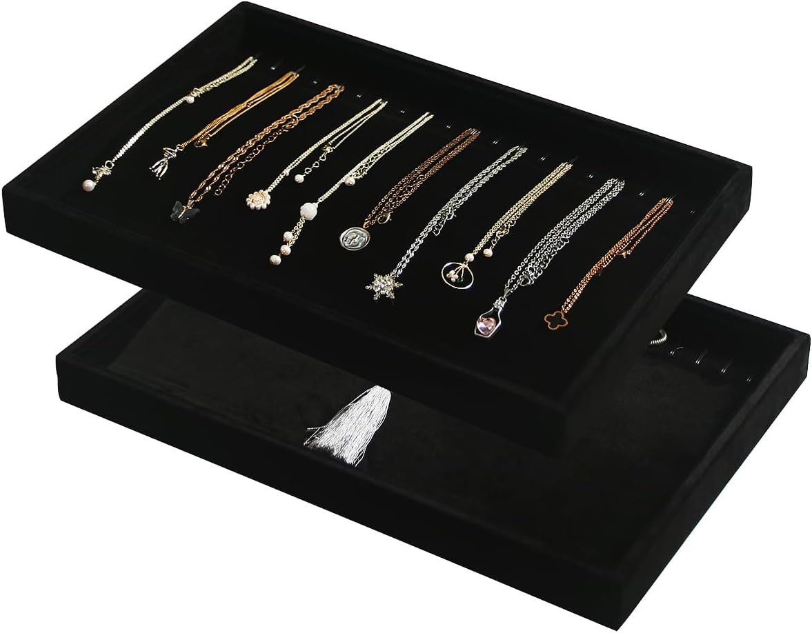 Coward Set of 2 Black Velvet Stackable Necklace Holder Organizer Tray Velvet Necklace Display Stand for Selling Jewelry Box Case for Storage (necklace+necklace)