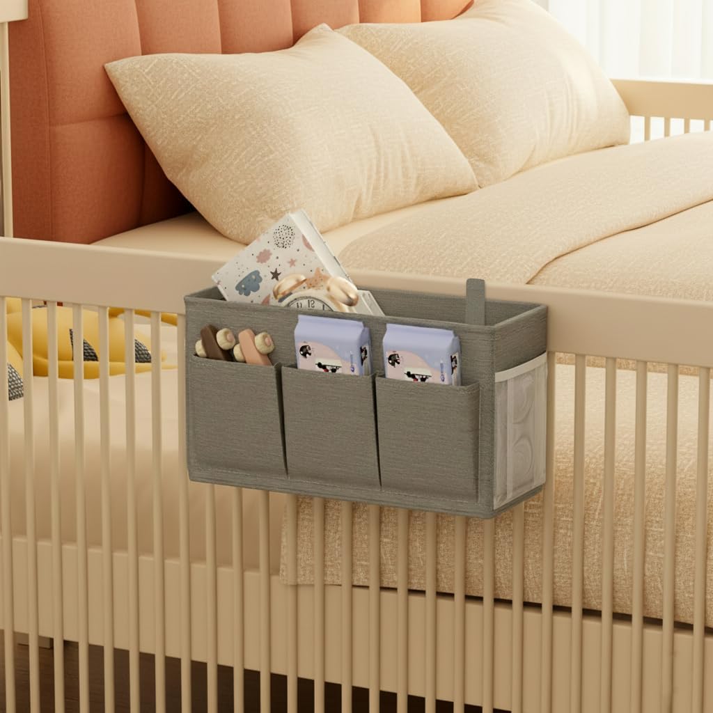 Bedside Caddy Organizer,Bed Hanging Storage Bag for Dorm Utility Carts Bed Rails,Book Phone Magazine Holder(6 Pockets,Grey)