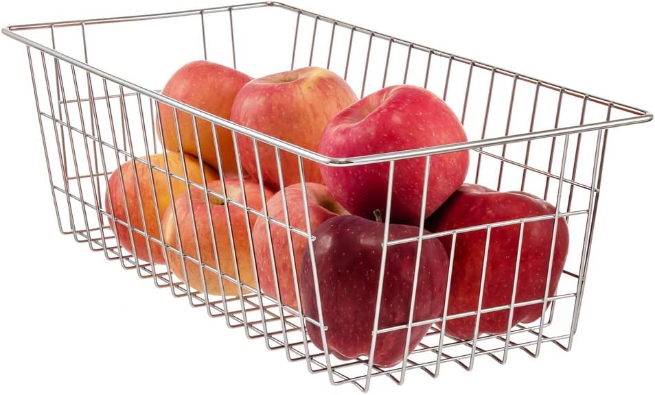 Wire Storage Baskets Freezer Organizing Bins Pantry Food Storage Organizer Metal Basket Wire Grid Design for Cabinets, Pantry, Closets, Freezer, Bedrooms,Kitchen, Set of 2, Chrome